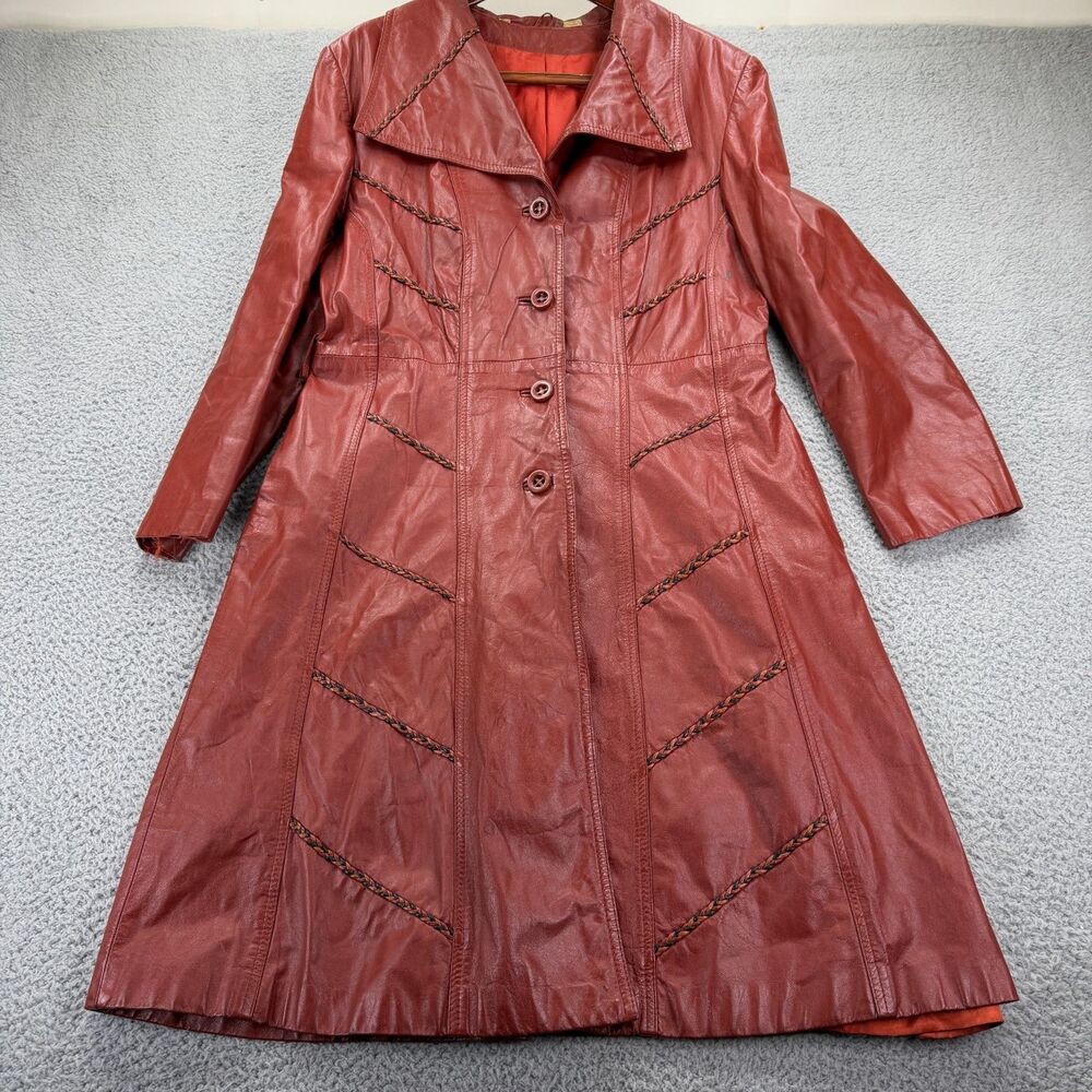 Vintage Leather Trench Coat Red 70s disco Long No Belt Jacket 19/20 L/XL